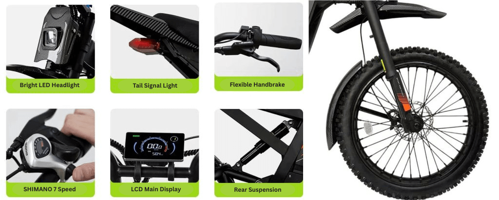 GT2000 elektrinis dviratis 2000W, detalės ir funkcijos LED priekinis žibintas, galinis signalinis žibintas, rankinis stabdis, LCD ekranas, Shimano 7 pavaros ir galinė pakaba.