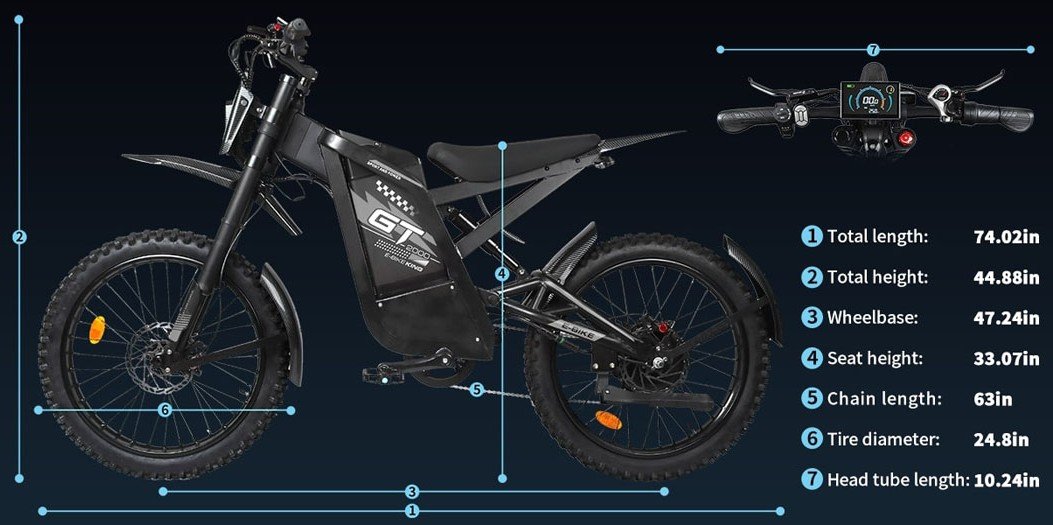 GT2000 elektrinis dviratis 2000W, matmenų schema su bendru ilgiu, aukščiu, ratų baze, sėdynės aukščiu, ratų diametru ir rekomenduojamu vairuotojo ūgiu.