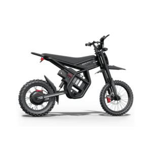 GT54 PRO elektrinis dviratis 1000W – juodos spalvos galingas bekelės elektrinis motociklo tipo dviratis, šoninis vaizdas studijiniame baltame fone.