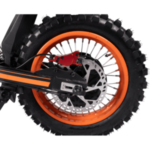 GT54 elektrinis dviratis 1000W – galinis ratas iš arti su diskiniu stabdžiu, stabdžių suportu ir storomis bekelės padangomis geram sukibimui