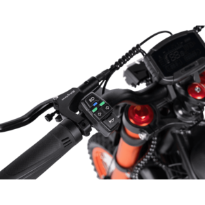 GT54 elektrinis dviratis 1000W – kairės pusės vairo valdymo pultas su šviesų, posūkių ir garso signalo mygtukais bei LCD ekranu