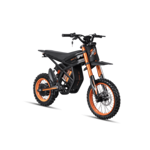 GT54 elektrinis dviratis 1000W – kampinis 34 vaizdas, juodai oranžinis bekelės modelis su amortizuojančia šake, storomis padangomis ir integruota baterija