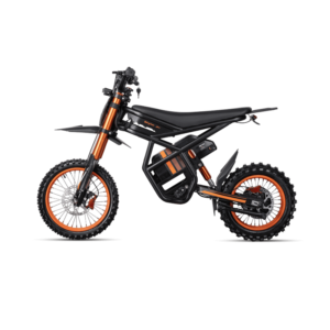 GT54 elektrinis dviratis 1000W – pilnas šoninis profilis, juodai oranžinis bekelės elektrinis motociklo tipo dviratis su integruota baterija ir storomis padangomis