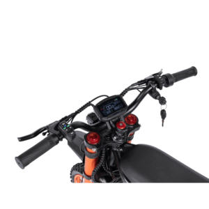 GT54 elektrinis dviratis 1000W – vairo zona iš arti su LCD ekranu, greičio valdymo mygtukais, stabdžių svirtimis ir užvedimo rakteliu