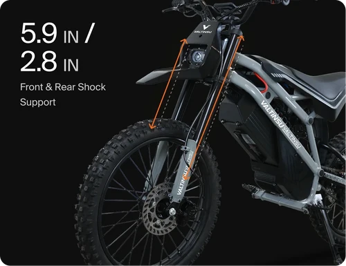 EM23 elektrinis motociklas 2500W su priekiniais ir galiniais amortizatoriais komfortiškam važiavimui bekelėje ir nelygiais keliais.