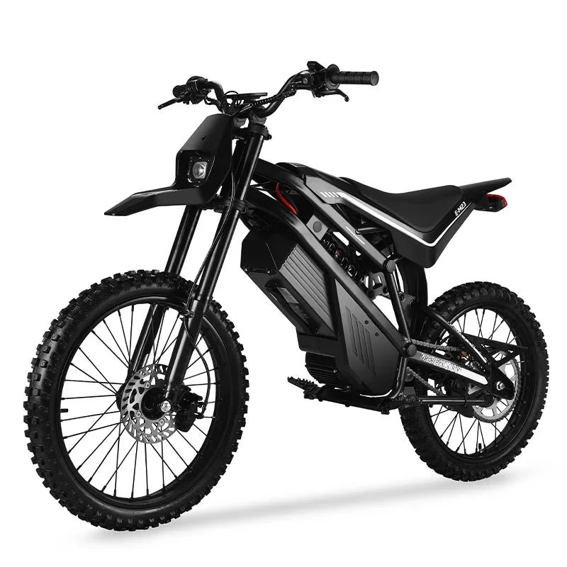 EM23 elektrinis motociklas 2500W – priekinis vaizdas su bekelės padangomis