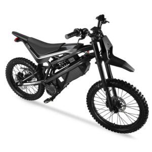 EM23 elektrinis motociklas 2500W – šoninis vaizdas su bekelės ratais ir amortizacija