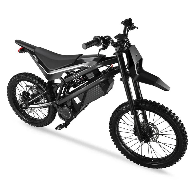 EM23 elektrinis motociklas 2500W – šoninis vaizdas su bekelės ratais ir amortizacija