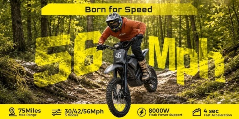 EM5 ULTRA elektrinis motociklas 3000W važiuojantis bekelės miško trasa – iki 8000W pikinė galia, 90 kmh greitis ir greitas įsibėgėjimas.