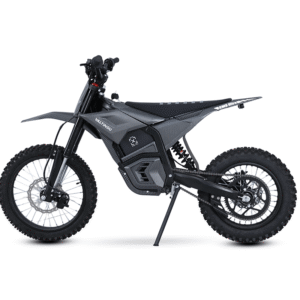 EM5 ULTRA elektrinis motociklas 3000W – šoninis vaizdas, bekelės padangos, diskiniai stabdžiai, priekinė ir galinė amortizacija bei sportiškas dizainas.